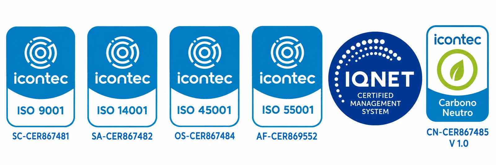 Certificaciones Icontec ISO 9001, ISO 14001, ISO 45001, ISO 55001, IQNET y carbono neutro